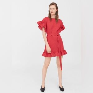 Mango Ruffled Short Sleeve Linen Blend Mini Dress Red